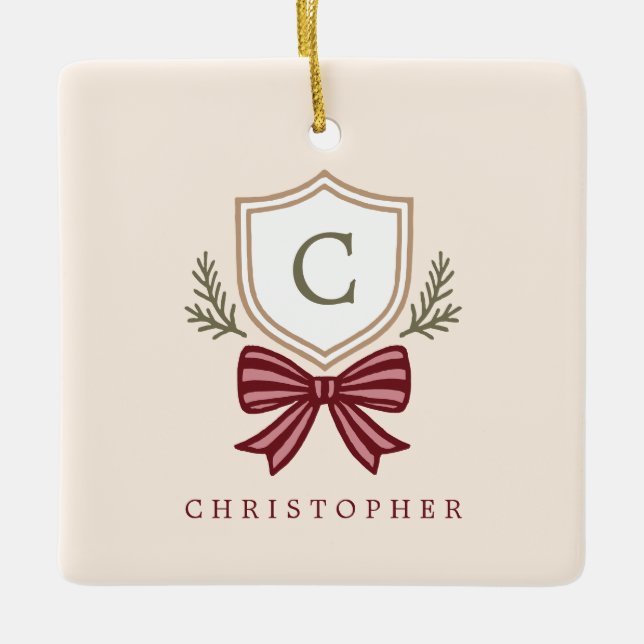 Adorno De Cerámica Personalizado Escudo Monograma Bow Navidades (Anverso)