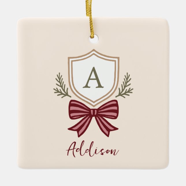 Adorno De Cerámica Personalizado Escudo Monograma Bow Navidades (Anverso)