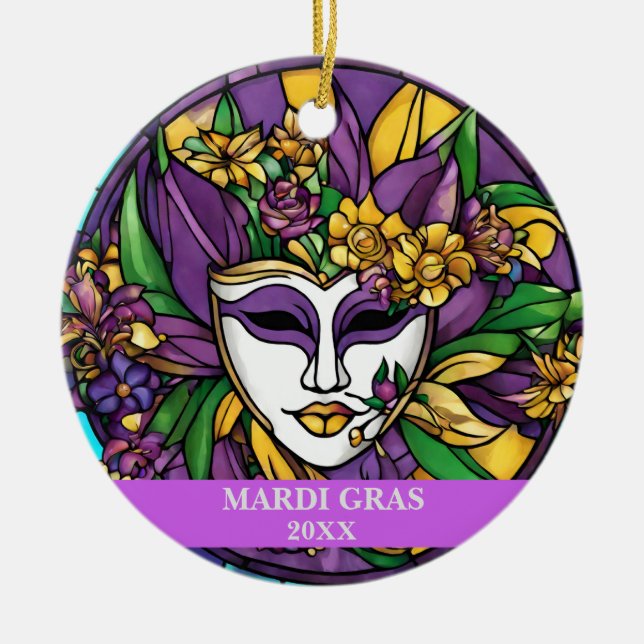 Adorno De Cerámica Personalizado Faux Stained Glass Mardi Gras Mask (Frente)