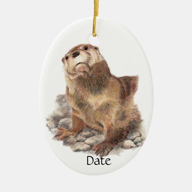 Adorno De Cerámica Personalizado Fecha Cute River Otter, Animal Natur (Frente)
