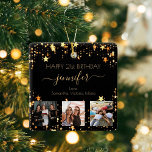 Adorno De Cerámica Personalizado foto amigos cumpleaños estrellas de<br><div class="desc">Un regalo de los amigos por el cumpleaños 21 de una mujer, celebrando su vida con 3 de sus fotos de ella, sus amigos, familia, interés o mascotas. Personalice y agregue su nombre, edad 21 y sus nombres. Letras de colores dorados. Moda, fondo negro clásico. Su nombre está escrito con...</div>