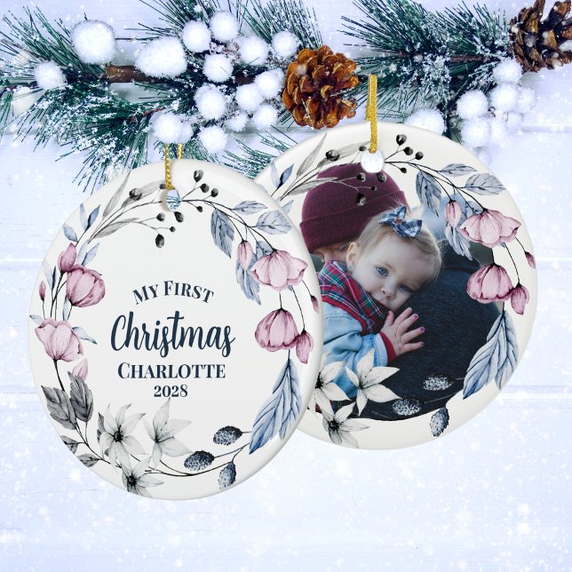 Adorno De Cerámica Personalizado foto bebé Navidades de flores elegan (Subido por el creador)