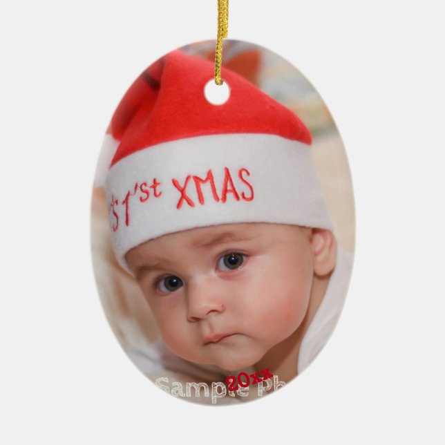 Adorno De Cerámica Personalizado Foto Bebé Primer Navidad (Frente)