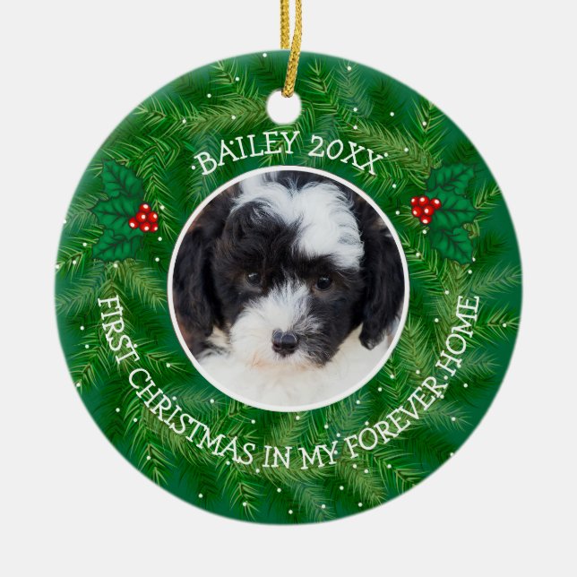 Adorno De Cerámica Personalizado Foto Bernedoodle Primer Navidad (Frente)