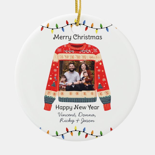 Adorno De Cerámica Personalizado Foto Navidades feos Sweater (Frente)
