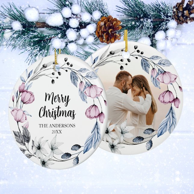 Adorno De Cerámica Personalizado Foto Navidades florales elegantes (Subido por el creador)