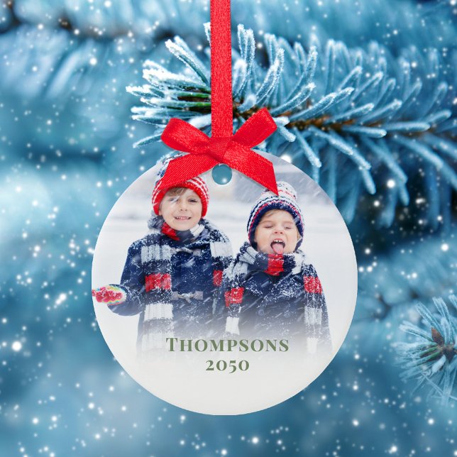 Adorno De Cerámica Personalizado fotográfico de Navidades de copo de  (Christmas photo ornament with a full bleed photo template with red block style editable lettering.)