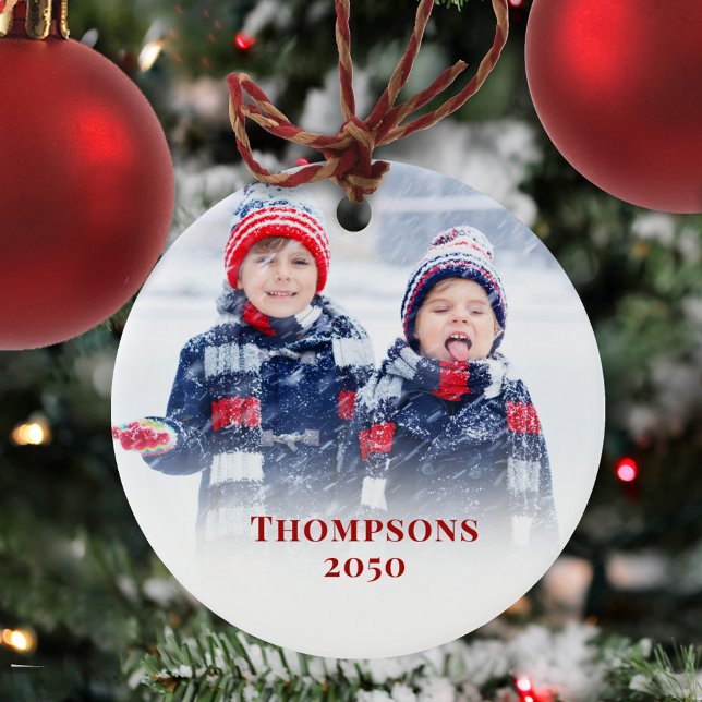 Adorno De Cerámica Personalizado fotográfico de Navidades de copos de (Christmas photo ornament with a full bleed photo template with red block style editable lettering. )