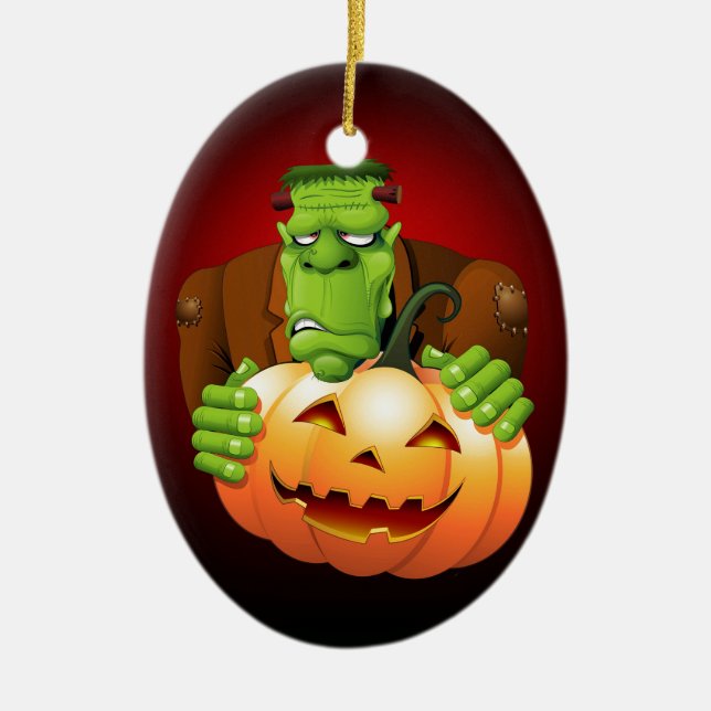 Adorno De Cerámica Personalizado Frankenstein con Calabaza (Frente)