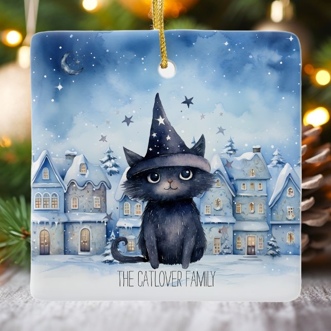 Adorno De Cerámica Personalizado Gato Negro Navidades de invierno vac (Blue Magical Wizard Black Cat Watercolor Christmas Ceramic Ornament)