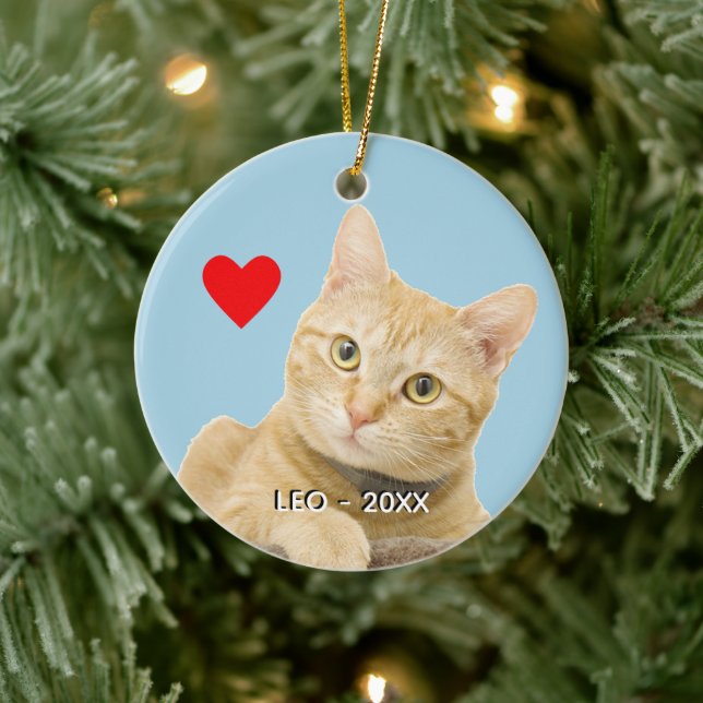 Adorno De Cerámica Personalizado Ginger Tabby, foto de un gato en azu (Árbol)