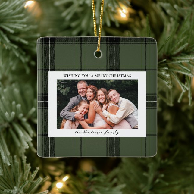 Adorno De Cerámica Personalizado Green Plaid Dos Navidades de fotogra (Árbol)