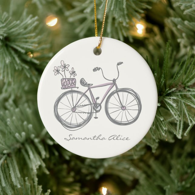 Adorno De Cerámica Personalizado Gris Lilac Ilustracion de bicicleta  (Árbol)