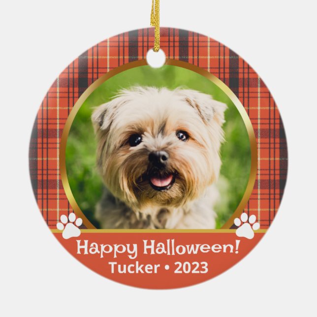 Adorno De Cerámica Personalizado Halloween Foto Nombre Año Mascota Or (Atrás)