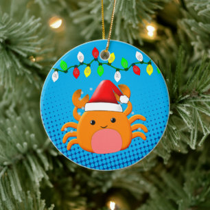 Adorno De Cerámica Personalizado lindo Crab Santa Hat Navidades Luces