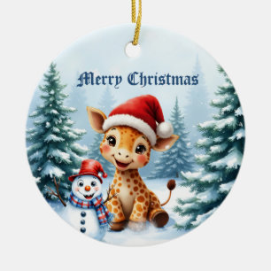 Adorno De Cerámica Personalizado lindo Giraffe con Santa Hat y Snowma