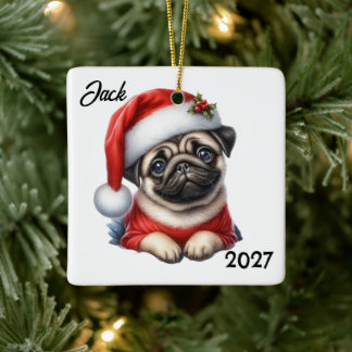 Adorno De Cerámica Personalizado lindo Pug de Santa de Navidad