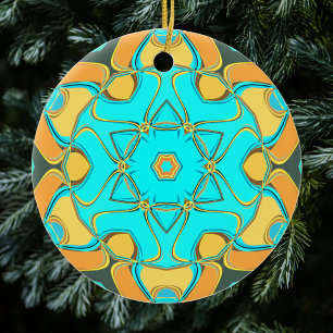 Adorno De Cerámica Personalizado Mandala Flor Azul y Naranja