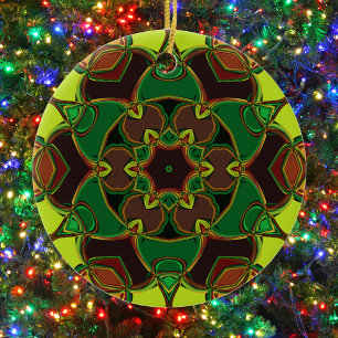 Adorno De Cerámica Personalizado Mandala Flor Verde Amarillo y Naranj