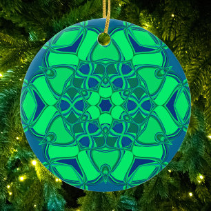 Adorno De Cerámica Personalizado Mandala Flor Verde y Azul