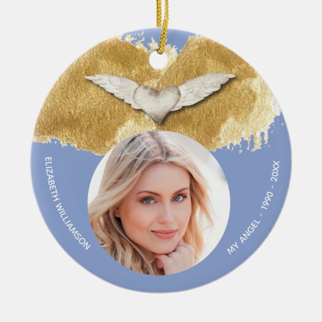 Adorno De Cerámica Personalizado Memorial Angel Wings Keepsake Photo (Frente)