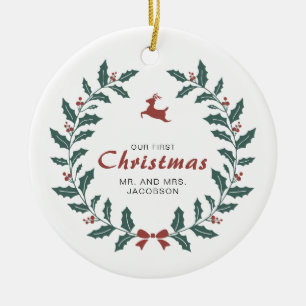 Adorno De Cerámica Personalizado Merry Christmas Wreath Deer holly be