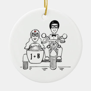 Adorno De Cerámica Personalizado Motocicleta y Boda Sidecar Cerámica