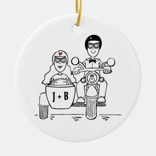 Adorno De Cerámica Personalizado Motocicleta y Boda Sidecar Cerámica (Frente)