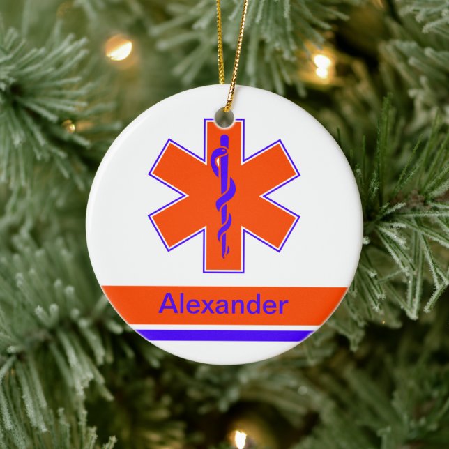 Adorno De Cerámica Personalizado Naranja de ambulancia y estrella azu (Árbol)