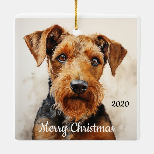 Adorno De Cerámica Personalizado Navidades de citas acuarela Airedale (Reverso)