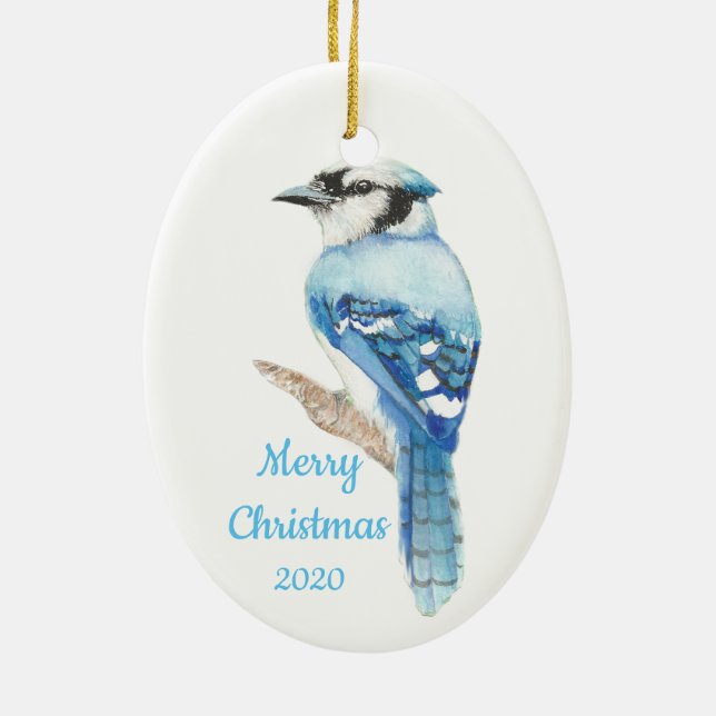 Adorno De Cerámica Personalizado Navidades de citas acuarela azul Jay (Atrás)