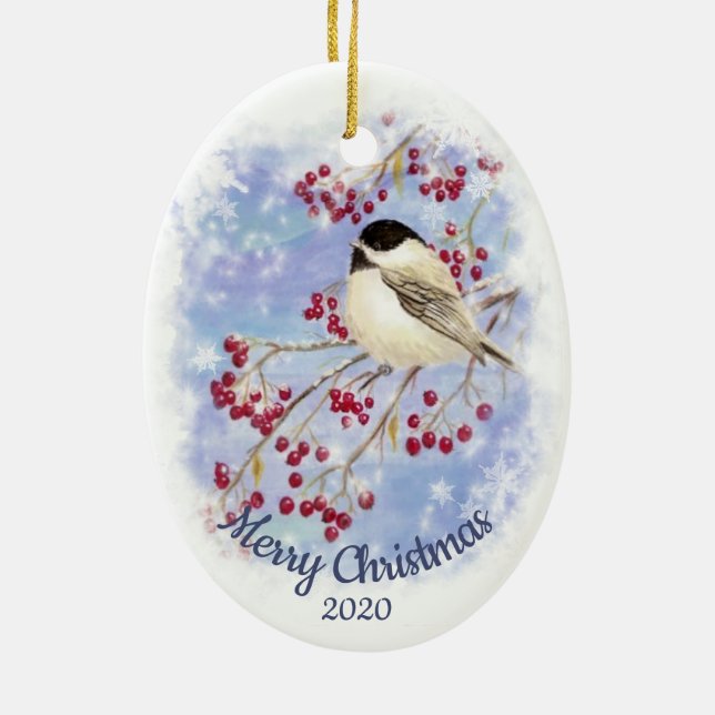 Adorno De Cerámica Personalizado Navidades de citas acuarela Chickade (Atrás)