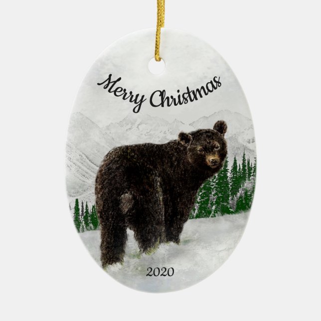 Adorno De Cerámica Personalizado Navidades de citas Black Bear Animal (Frente)