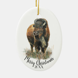 Adorno De Cerámica Personalizado Navidades de fecha acuarela Bison Bú