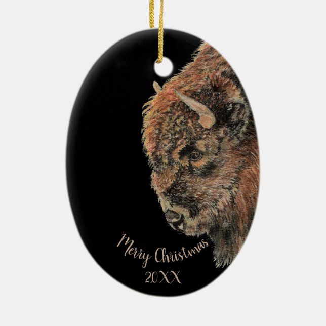 Adorno De Cerámica Personalizado Navidades de fecha acuarela Bison Bú (Atrás)