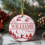 Adorno De Cerámica Personalizado Nombre de familia Navidades clásicos<br><div class="desc">Añade un toque clásico festivo a tu árbol de Navidad este año con un adorno personalizado que puede transmitirse por generaciones. Este divertido pero tradicional diseño rojo y blanco presenta renos volando sobre un paisaje de nieve lleno de pino con un solitario muñeco de nieve vigilando. Personalice agregando su apellido....</div>