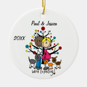 Adorno De Cerámica Personalizado Pareja Esperante 2 Perros 1 Ornament