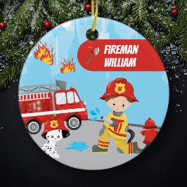 Adorno De Cerámica Personalizado pequeño bombero con Navidades de nom