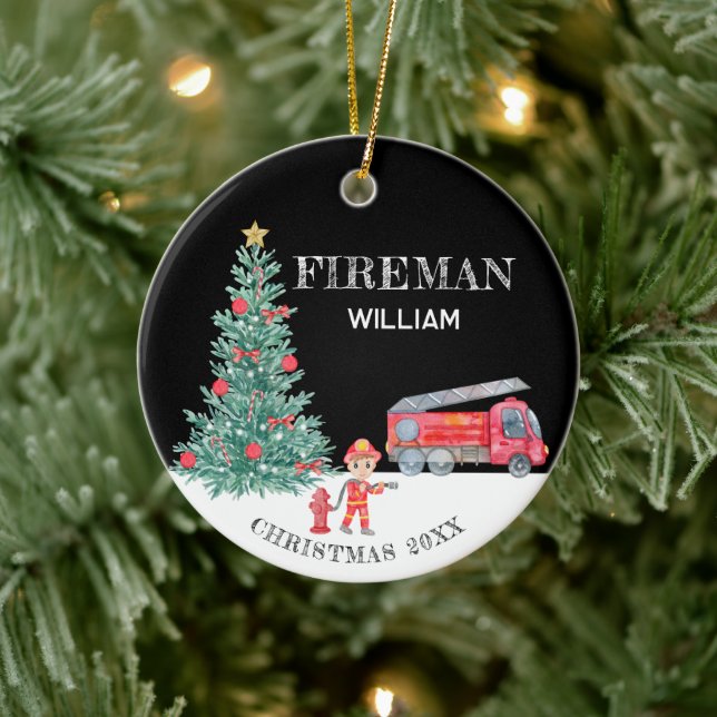 Adorno De Cerámica Personalizado Photo Keepsake Fireman Christmas Tre (Árbol)