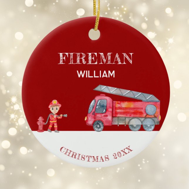 Adorno De Cerámica Personalizado Photo Keepsake Navidades de bomberos (Custom Photo Keepsake Fireman Christmas Firetruck Ceramic Tree Decoration)