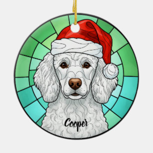 Adorno De Cerámica Personalizado Poodle Dog Santa Hat Vidrio Manchado