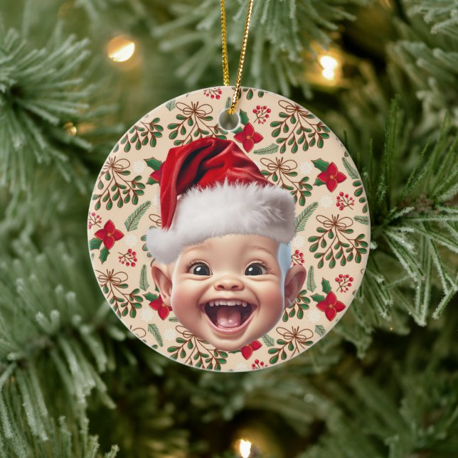 Adorno De Cerámica Personalizado Primer bebé frente a Santa Hat Navid (Árbol)