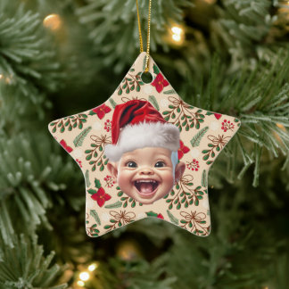 Adorno De Cerámica Personalizado Primer bebé frente a Santa Hat Navid