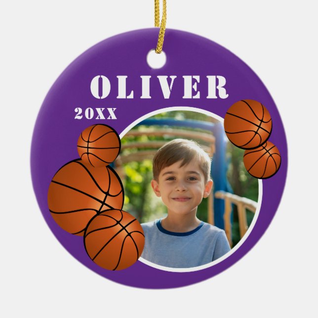 Adorno De Cerámica Personalizado Purple Basketball Ball Sports Photo (Frente)