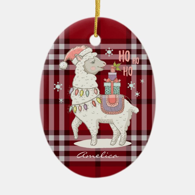 Adorno De Cerámica Personalizado Red Buffalo Check Plaid Tartan Llama (Frente)