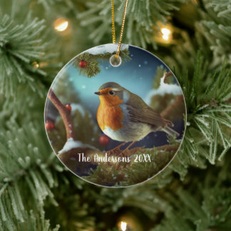 Adorno De Cerámica Personalizado robin sobre un árbol cubierto de nie