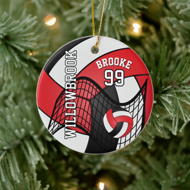 Adorno De Cerámica Personalizado - Rojo, Blanco y Negro - Voleibol 🏐 (Árbol)