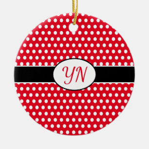 Adorno De Cerámica Personalizado rojo clásico iniciales Polka Dot