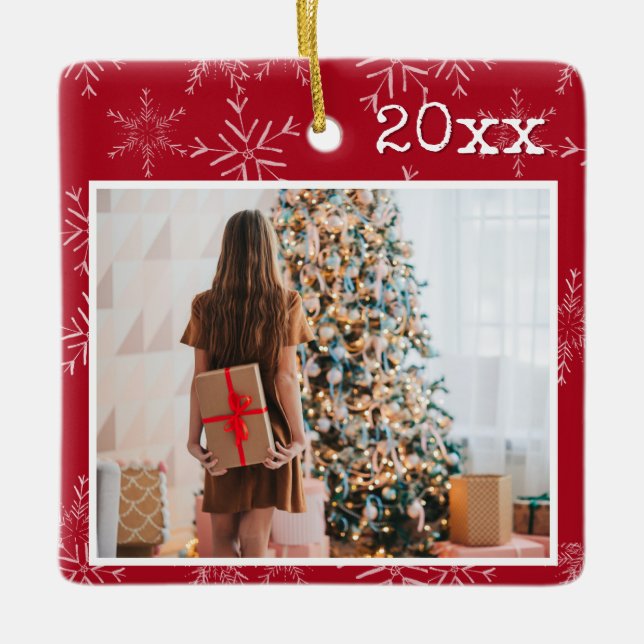 Adorno De Cerámica Personalizado Rojo Foto Keepsake (Anverso)