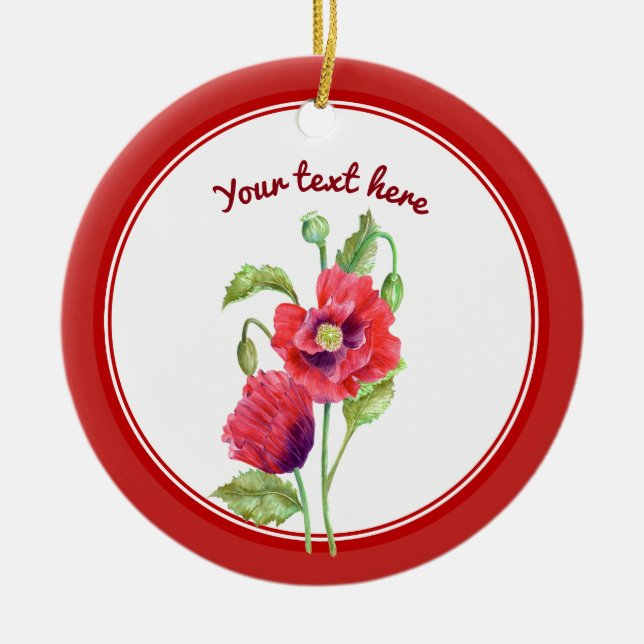 Adorno De Cerámica Personalizado Rojo Poppies Arte Botánico Floral (Frente)